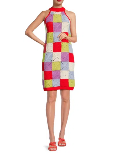 Design 365 Women's Patchwork Crochet Sweater Dress In Red Multi