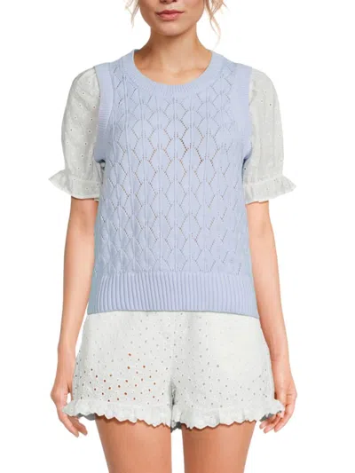 Design 365 Women's Pointelle Knit Twofer Sweater In Sky Blue