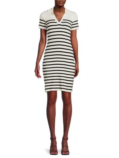 Design 365 Women's Ribbed Stripe Polo Sweater Dress In New White
