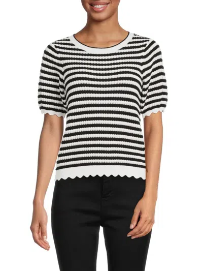 Design 365 Women's Short Sleeve Stripe Sweater In White Black
