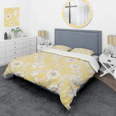 Design Art 3 Piece Floral Duvet Cover Set - Yellow Peony Flower White Yellow Microfiber In White;yellow
