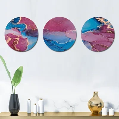 Design Art 3 Piece Luxury Fluid Art Wall Décor Set In Blue;pink