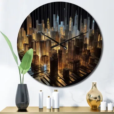 Design Art 3d Cityscape New York Future Architecture Vi Metal Wall Clock In Yellow