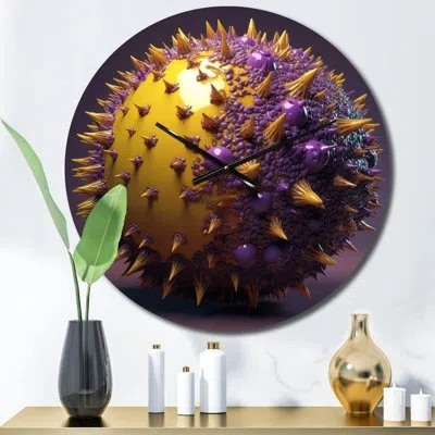 Design Art 3d Purple And Yellow Spike Sphere Metal Wall Clock In Gold