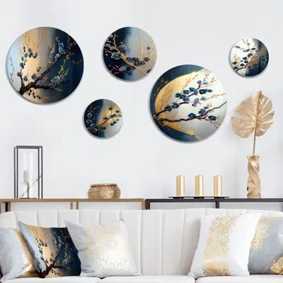 Design Art 5 Blue Cherry Blossom Branch I Wall Decor Set In Blue;cherry Blossom