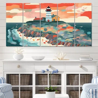 Design Art 5 Coastal Lighthouse I Wall Decor Set Metal In Teal;peach
