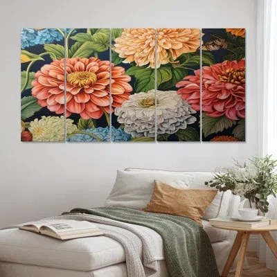 Design Art 5 Coral Green Zinnias Charm Wall Decor Set Metal