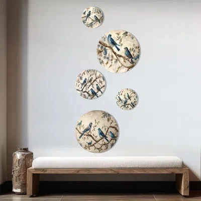 Design Art 5 Four Vintage Blue Birds On A Branch I Wall Decor Set In Blue;beige