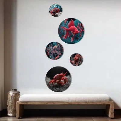 Design Art 5 Red Deepsea Crab In Red And Black Vi Wall Decor Set Metal In Black;red