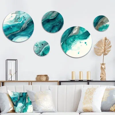 Design Art 5 Turquoise Waves In Paradise V - Coastal Round Metal Wall Decor Set In Blue