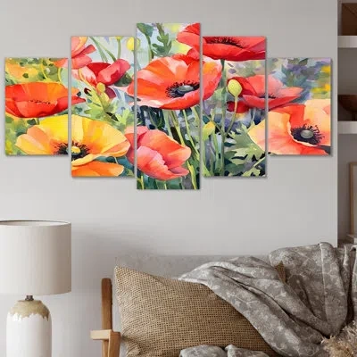 Design Art 5 Vibrant Poppies I Wall Decor Set Metal In Yellow
