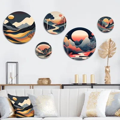 Design Art 5 Yellow Graphic Moon In The Mountains Iii Wall Decor Set In Beige;yellow