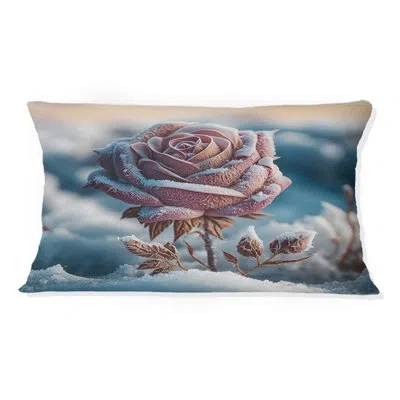 Design Art A Blooming Pink Rose Flower In Winter I - Rose Printed Throw Pillow