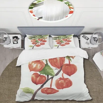 Design Art A Branch Of Red Physalis - Traditional Duvet Cover Set - Microfiber Polyester In Red,green,brown