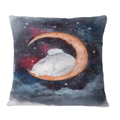 Design Art A Cat And A Mouse Sleeping On The Crescent Moon - Traditional Printed Throw Pillow In Black