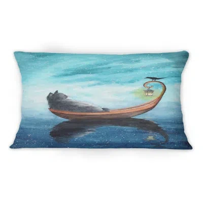 Design Art A Cat In A Boat With Lantern And With A Black Bird Lumbar Pillow