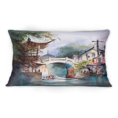 Design Art A Chinese Cityscape With A Boat On The River - Mid-century Modern Printed Throw Pillow 1