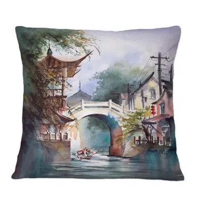Design Art A Chinese Cityscape With A Boat On The River - Mid-century Modern Printed Throw Pillow In Blue;black;brown;green;red;yellow