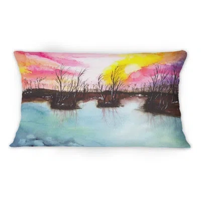 Design Art A Landscape With A Blue Lake Swampy Shore - Country Printed Throw Pillow 1