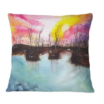 Design Art A Landscape With A Blue Lake Swampy Shore - Country Printed Throw Pillow In Blue;pink