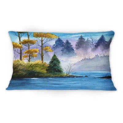 Design Art A River With A Small Island And A Misty Forest - Lake House Printed Throw Pillow 1