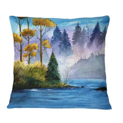 Design Art A River With A Small Island And A Misty Forest - Lake House Printed Throw Pillow In Blue