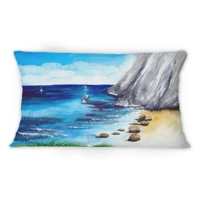 Design Art A Sea Shore With Yellow Sand Mountains And A Yacht - Nautical & Coastal Printed Throw Pillow 1