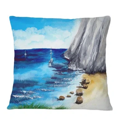 Design Art A Sea Shore With Yellow Sand Mountains And A Yacht - Nautical & Coastal Printed Throw Pillow In Blue