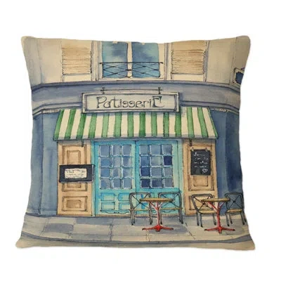 Design Art A Small French Bakery Under A Striped Marquee - French Country Printed Throw Pillow In Blue