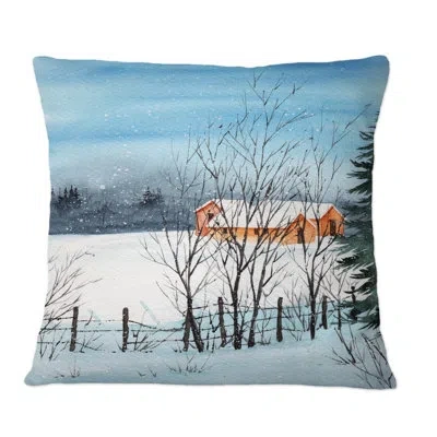 Design Art A Winter Landscape With Snow Covered Houses - Country Printed Throw Pillow In White