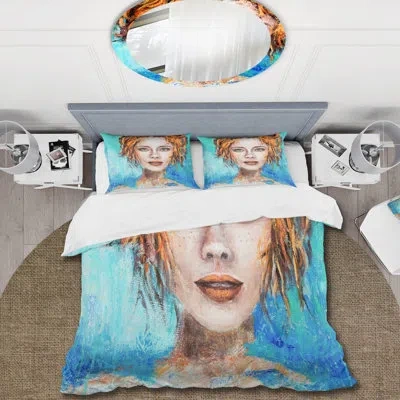 Design Art A Woman Face With Green Eyes & Red Hair - Modern Duvet Cover Set - Microfiber Polyester In Blue,brown