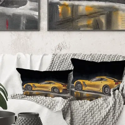 Design Art A Yellow Sport Car With Its Shadow - Industrial Printed Throw Pillow 1