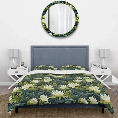 Design Art Aaryona White Embracing Meditative Lotus Zen I - Floral Duvet Cover Set - Microfiber Polyester In White;green