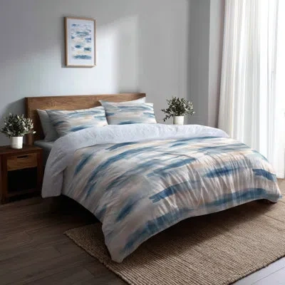 Design Art Abstract 3 Pcs Duvet Cover Set - Coastal Shore Breeze Stripes Duvet Cover And Throw Pillow Set In Blue;orange