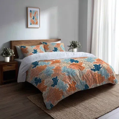Design Art Abstract 4 Pcs Bed Comforter Set - Beach Coastal Coral Pattern Bed Comforter Set In Blue;orange