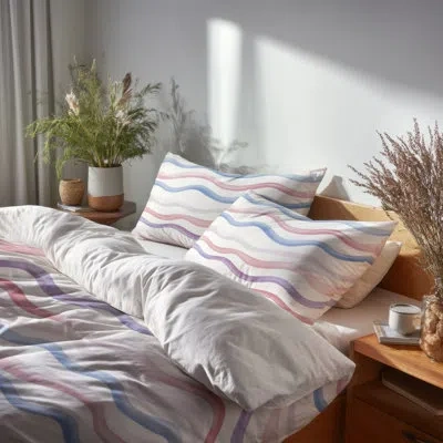 Design Art Abstract 4 Pcs Bed Comforter Set - Modern Wavy Line Stripes Bed Comforter Set In Blue;white;pink