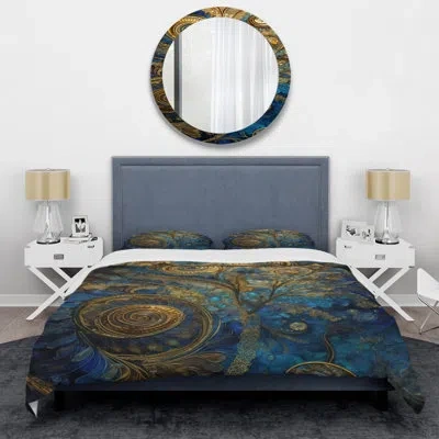 Design Art Abstract 4 Pcs Comforter Set - Blue And Gold Melodies Of Boho Ii Comforter Bedding Set In Blue;gold