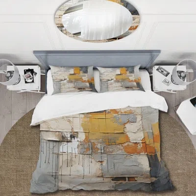 Design Art Abstract Assemblage I - Abstract Collages Duvet Cover Set In Gray;yellow