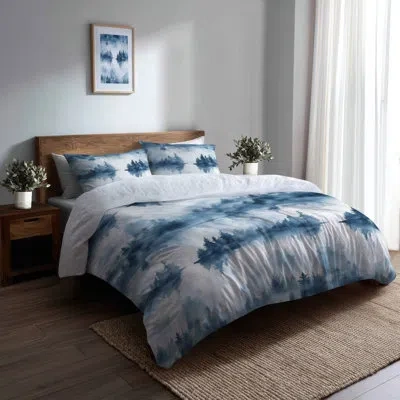Design Art Abstract Bedding Set 3 Pcs - Coastal Rustic Lake Mist Duvet Cover And Throw Pillow Set In Blue;white