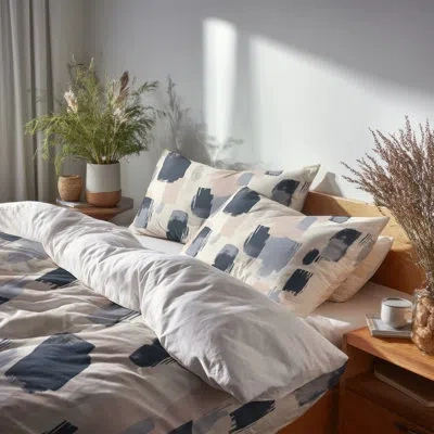 Design Art Abstract Bedding Set 4 Pcs - Blue Gentle Marks Bed Comforter Set In Blue;gray