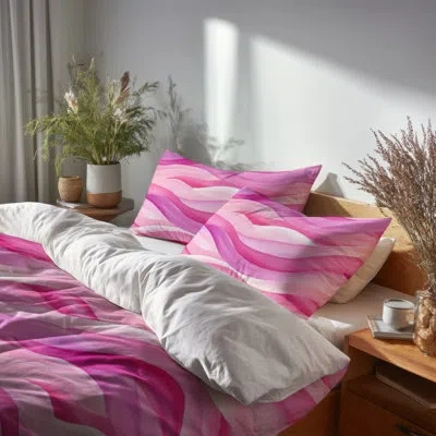 Design Art Abstract Bedding Set 4 Pcs For Teenagers - Flowing Soft Pink Waves Bed Comforter Set In White;pink