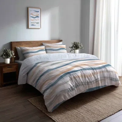 Design Art Abstract Bedding Set - Blue Drift Shore Duvet Cover And Throw Pillow Set In Blue;orange