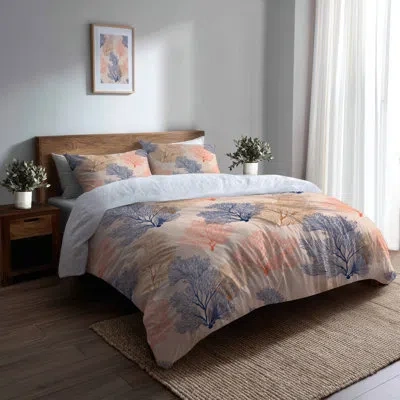 Design Art Abstract Bedding Set Of 3 Pcs - Coastal Coral Beach Pattern Duvet Cover Set In Blue;orange