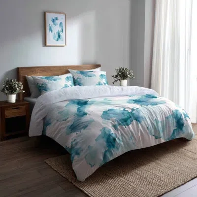 Design Art Abstract Bedding Set Of 4 - Coastal Soft Lagoon Bed Comforter Set In Blue;green