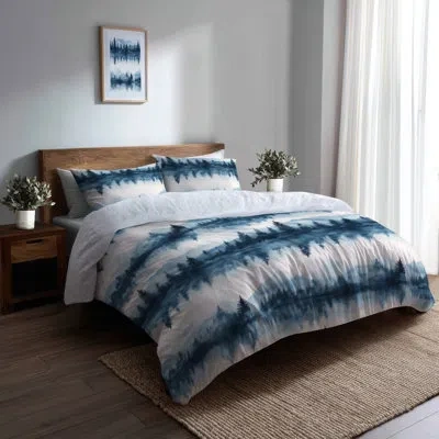 Design Art Abstract Bedding Set Of 4 Pcs - Coastal Blue Quiet Lake Bed Comforter Set In Blue;white