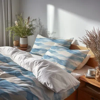 Design Art Abstract Bedding Set Of 4 Pcs - Modern Blue Dunes Bed Comforter Set In Blue;beige