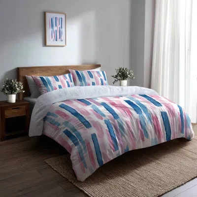 Design Art Abstract Bedding Set Of 4 - Pink Needle Line Stripes Bed Comforter Set In Blue;pink