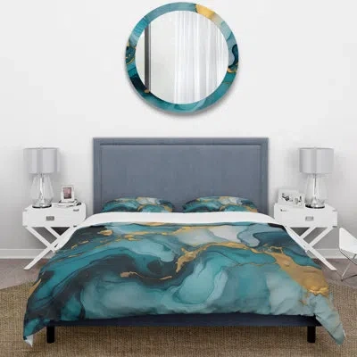 Design Art Abstract Bedding Set Of 4 - Turquoise Gold Infused Marble Ii Comforter Bedding Set In Blue;gold