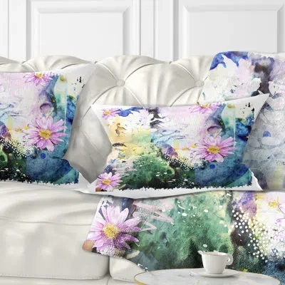 Design Art Abstract Blue Pink Floral Art - Floral Printed Throw Pillow