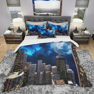 Design Art Abstract City At Night - Abstract Duvet Cover Set - Microfiber Polyester In Blue